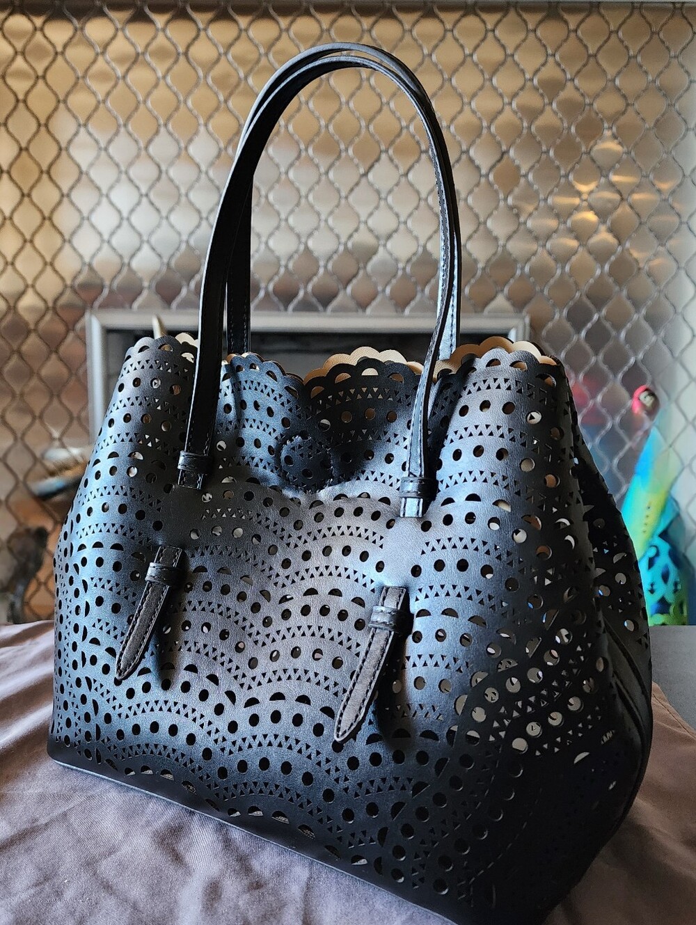 Liz Claiborne Black Laser-Cut Scalloped Tote Bag